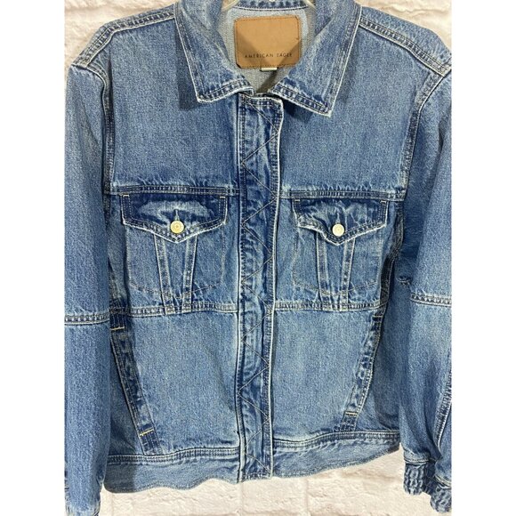 American Eagle Outfitters Denim Bomber Jacket Size Medium Jeans Coat Blue Heavy - Picture 4 of 16